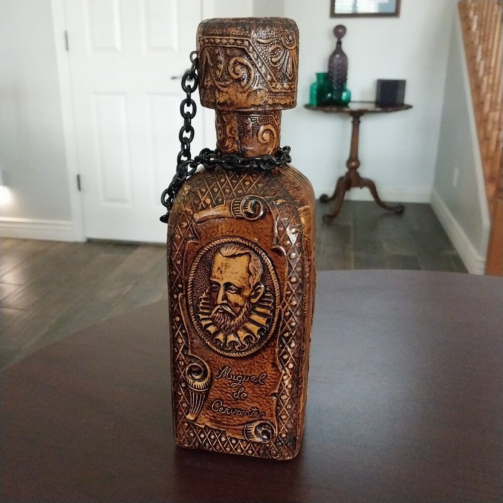 Vtg Miquel de Cervantes Handmade Etched Leather Wrapped Whiskey Bottle Decanter